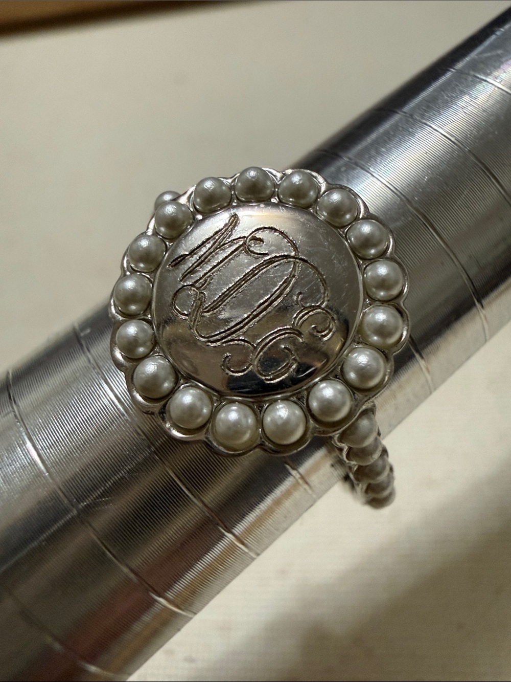 Sterling Silver 925 size 10 Monogram Pearl Halo Ring